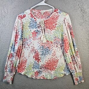 Lucky Brand Womens White Floral‎ Print Tie Neck Blouse Top Size S